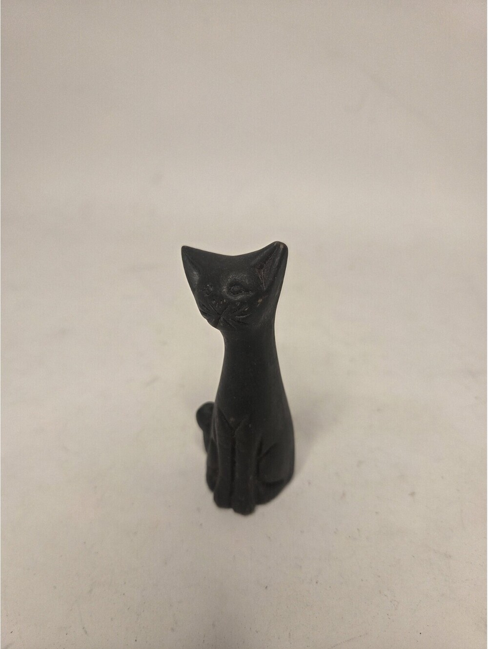 Vintage MCM Black Clay Cat Figurine Matte Long Neck Folk Art Shelf Sitter 3.5"